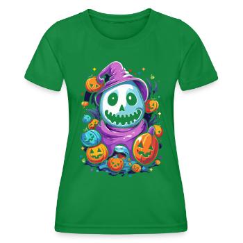 Smiling Ghost and Witch's Hat – Sweet Creepy Joy - Women's Functional T-Shirt - kelly green - Front - AI Model Female 172 dark (172cm)