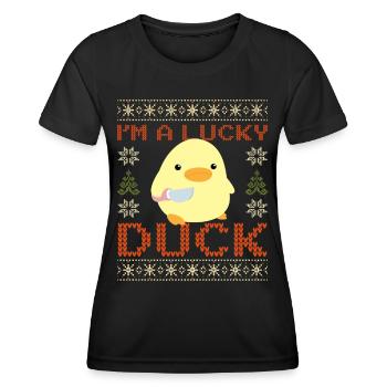 Duck with Knife Meme - Lucky Duck Ugly Christmas - Women's Functional T-Shirt - black - Front - AI Model Female 172 light (172cm)