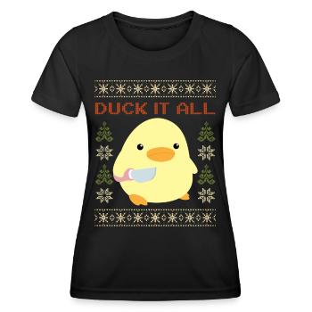Duck with Knife Meme - Duck it all Ugly Christmas - Women's Functional T-Shirt - black - Front - AI Model Female 172 light (172cm)