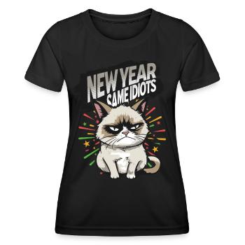 Same Idiots - Angry Cat Happy New Year Pajamas - Frauen Funktions-T-Shirt - Schwarz - Vorne - AI Model Female 172 light (172cm)