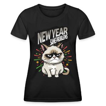 Same Problems - Angry Cat Happy New Year Pajamas - Frauen Funktions-T-Shirt - Schwarz - Vorne - AI Model Female 172 light (172cm)