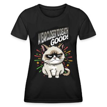 Closer to Death - Angry Cat Happy New Year Pajamas - Frauen Funktions-T-Shirt - Schwarz - Vorne - AI Model Female 172 light (172cm)