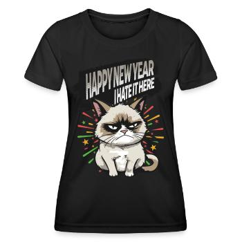 I hate it here - Angry Cat Happy New Year Pajamas - Frauen Funktions-T-Shirt - Schwarz - Vorne - AI Model Female 172 light (172cm)