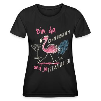 'Bin da kann losgehen' Flamingo Design Mädelsabend - Frauen Funktions-T-Shirt - Schwarz - Vorne - AI Model Female 172 light (172cm)
