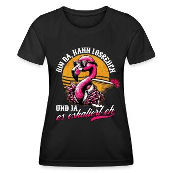 'Bin da kann losgehen' Flamingo-Design Mädelsabend - Frauen Funktions-T-Shirt - Schwarz - Vorne - AI Model Female 172 light (172cm)