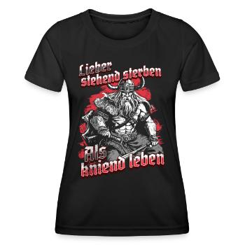 rViking Warrior Design Stehend Sterben Krieger - Frauen Funktions-T-Shirt - Schwarz - Vorne - AI Model Female 172 light (172cm)