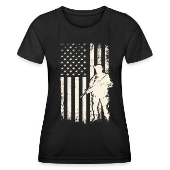 USA Soldier and Flag – Veterans Day and 4th of July - Women's Functional T-Shirt - black - Front - AI Model Female 172 light (172cm)