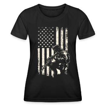 Kneeling soldier and U.S. flag Veterans Day 4th of July - Women's Functional T-Shirt - black - Front - AI Model Female 172 light (172cm)