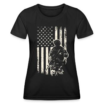 USA Soldier and Flag – 4th of July Veterans Day - Women's Functional T-Shirt - black - Front - AI Model Female 172 light (172cm)