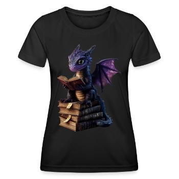 Dragon violet avec des livres – Magie pour les rats de bibliothèque - T-shirt sport Femme - noir - Devant - AI Model Female 172 light (172cm)