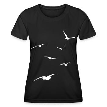 Möwenschwarm - Urlaub am Meer - Strand - Himmel - Frauen Funktions-T-Shirt - Schwarz - Vorne - AI Model Female 172 light (172cm)