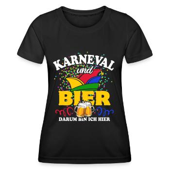 Karneval & Bier - darum bin ich hier - Spruch - Frauen Funktions-T-Shirt - Schwarz - Vorne - AI Model Female 172 light (172cm)