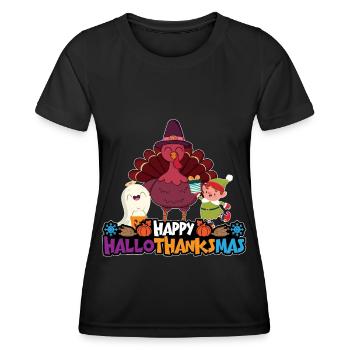 Happy Hello Thanksmas Halloween Thanksgiving Xmas - Women's Functional T-Shirt - black - Front - AI Model Female 172 light (172cm)