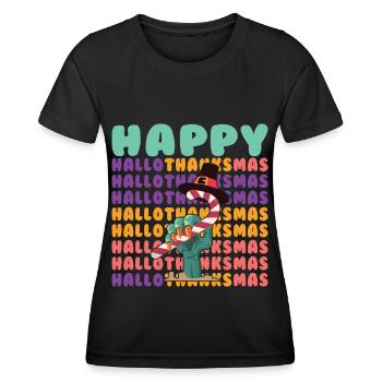 Happy Hello Thanksmas Halloween Thanksgiving Xmas - Women's Functional T-Shirt - black - Front - AI Model Female 172 light (172cm)