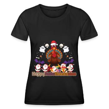 Happy Hello Thanksmas Halloween Thanksgiving Xmas - Women's Functional T-Shirt - black - Front - AI Model Female 172 light (172cm)