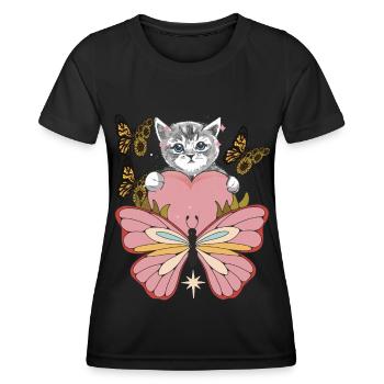 Katze mit Herz-Sonnenblumen-Liebes-Katzen-Schmette - Frauen Funktions-T-Shirt - Schwarz - Vorne - AI Model Female 172 light (172cm)