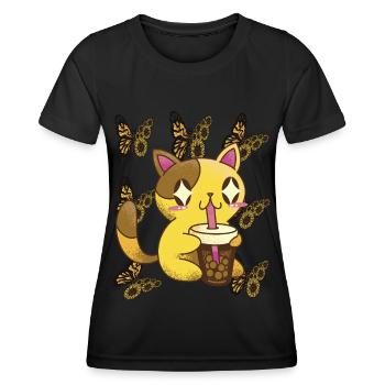 Nette Katze mit Sonnenblumen-Schmetterlings-Tee-Ka - Frauen Funktions-T-Shirt - Schwarz - Vorne - AI Model Female 172 light (172cm)