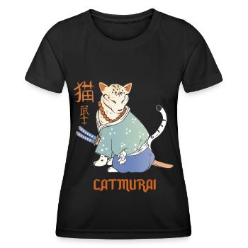 Katze Samurai Catmurai Japanischer Krieger Lustige - Frauen Funktions-T-Shirt - Schwarz - Vorne - AI Model Female 172 light (172cm)