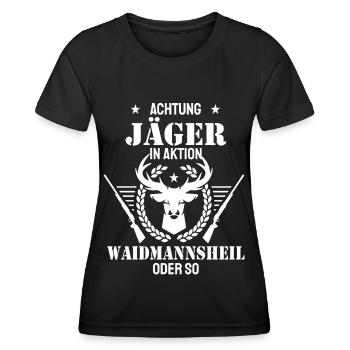 Achtung Jäger in Aktion Waidmannsheil - Frauen Funktions-T-Shirt - Schwarz - Vorne - AI Model Female 172 light (172cm)