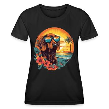 Bunter Dackel mit Sonnenbrille am Strand - Frauen Funktions-T-Shirt - Schwarz - Vorne - AI Model Female 172 light (172cm)