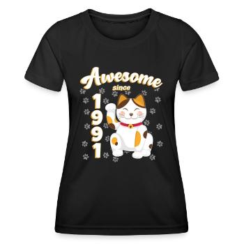1991 Geburtstag Awesome since Katze Maneki neko - Frauen Funktions-T-Shirt - Schwarz - Vorne - AI Model Female 172 light (172cm)