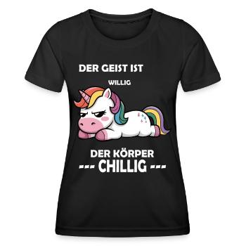 Der Geist war willig, der Körper chillig, Einhorn - Frauen Funktions-T-Shirt - Schwarz - Vorne - AI Model Female 172 light (172cm)