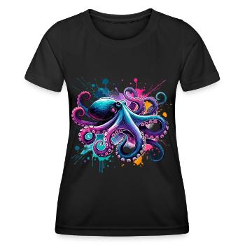 Bunter Aquarell-Oktopus - Frauen Funktions-T-Shirt - Schwarz - Vorne - AI Model Female 172 light (172cm)