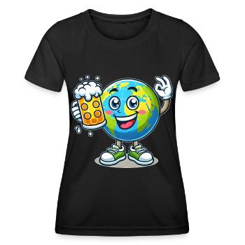 Globe with beer comic style funny motif - Women's Functional T-Shirt - black - Front - AI Model Female 172 light (172cm)