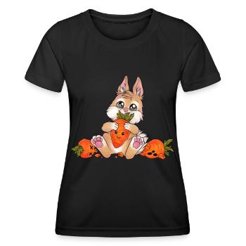 Witziger niedlicher Hase mit Möhre Chibi Kaninchen - Frauen Funktions-T-Shirt - Schwarz - Vorne - AI Model Female 172 light (172cm)