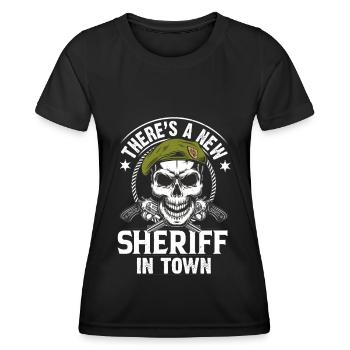 Marque de pistolet revolver Sheriff Town - T-shirt sport Femme - noir - Devant - AI Model Female 172 light (172cm)