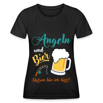 Angeln und Bier darum bin ich hier Angler Geschenk - Frauen Funktions-T-Shirt - Schwarz - Vorne - AI Model Female 172 light (172cm)