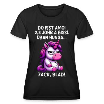 Zack Blad Lustiges Dialekt Einhorn - Frauen Funktions-T-Shirt - Schwarz - Vorne - AI Model Female 172 light (172cm)