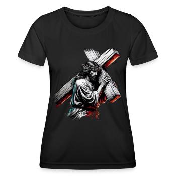 Motif de la foi chrétienne « Jésus croit » - T-shirt sport Femme - noir - Devant - AI Model Female 172 light (172cm)