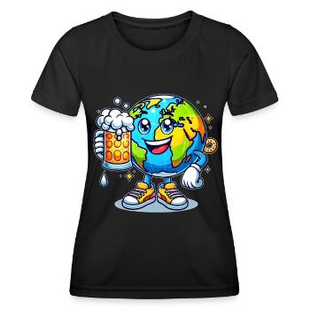 Globe with beer comic style funny motif - Women's Functional T-Shirt - black - Front - AI Model Female 172 light (172cm)