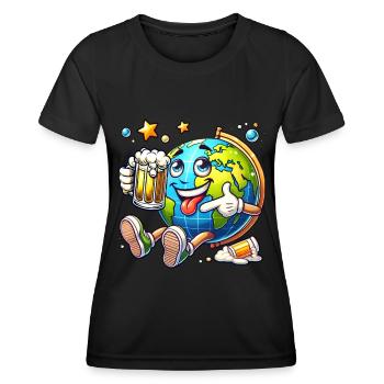 Globe with beer comic style funny motif - Women's Functional T-Shirt - black - Front - AI Model Female 172 light (172cm)