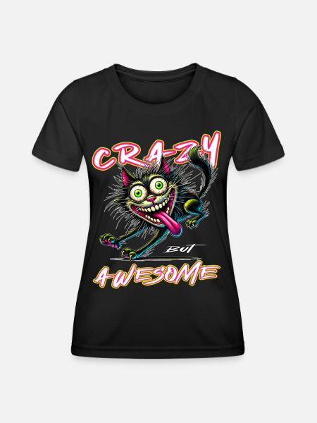 Crazy but Awesome cat comic style - Women's Functional T-Shirt - black