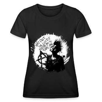 "Spit Out The Lies" - Anarchistisches Punk-Manifest T-Shirt - Frauen Funktions-T-Shirt - Schwarz - Vorne - AI Model Female 172 light (172cm)
