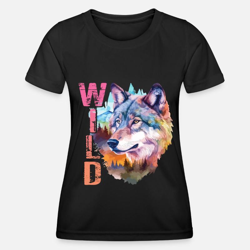 Wolf Wild Wolf Head Nature Wilderness Forest Trees Art - Women's Functional T-Shirt - black