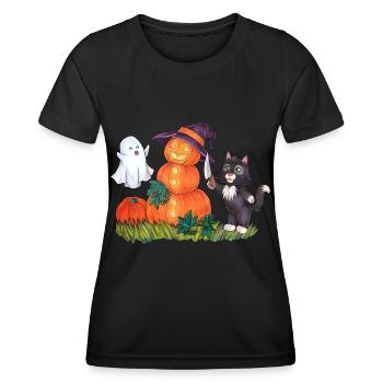 Schneemann Bauen im Halloween Style Witzig Katze - Frauen Funktions-T-Shirt - Schwarz - Vorne - AI Model Female 172 light (172cm)