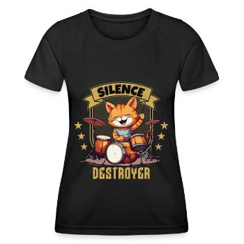 Schlagzeug Drums Silence Destroyer Katze Lustig - Frauen Funktions-T-Shirt - Schwarz - Vorne - AI Model Female 172 light (172cm)