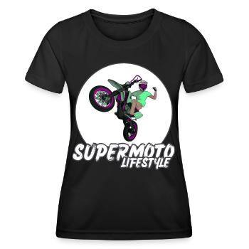 Supermoto / Supermotard / Supermoto Wheelie Biker - Frauen Funktions-T-Shirt - Schwarz - Vorne - AI Model Female 172 light (172cm)