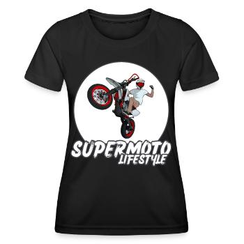 Supermoto / Supermotard / Supermoto Wheelie Biker - Frauen Funktions-T-Shirt - Schwarz - Vorne - AI Model Female 172 light (172cm)