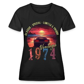 Millésime 1974 Anniversaire Synthwave Année de naissance 1974 - T-shirt sport Femme - noir - Devant - AI Model Female 172 light (172cm)