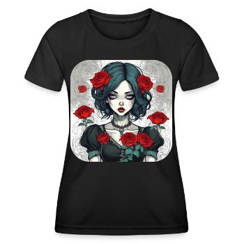 Cooles Gothic Punk Girl mit roten Rosen - Frauen Funktions-T-Shirt - Schwarz - Vorne - AI Model Female 172 light (172cm)