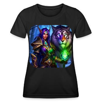 Stolze Fantasy Elfen Kriegerin und Tiger - Frauen Funktions-T-Shirt - Schwarz - Vorne - AI Model Female 172 light (172cm)