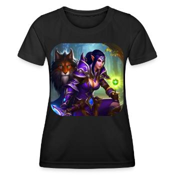 Stolze Fantasy Elfen Kriegerin mit Löwe - Frauen Funktions-T-Shirt - Schwarz - Vorne - AI Model Female 172 light (172cm)