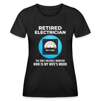 Retired Electrician: Monitoring Wife’s Mood - Women's Functional T-Shirt - black - Front - AI Model Female 172 light (172cm)
