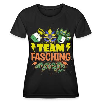 Team Fasching | Pfau | Gelb Grün - Frauen Funktions-T-Shirt - Schwarz - Vorne - AI Model Female 172 light (172cm)