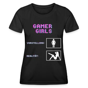 Gamer Girls Vorstellung vs. Realität Gaming Gamer - Frauen Funktions-T-Shirt - Schwarz - Vorne - AI Model Female 172 light (172cm)