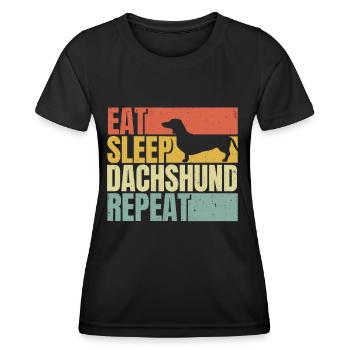 Mange, dors, teckel, répète - T-shirt sport Femme - noir - Devant - AI Model Female 172 light (172cm)
